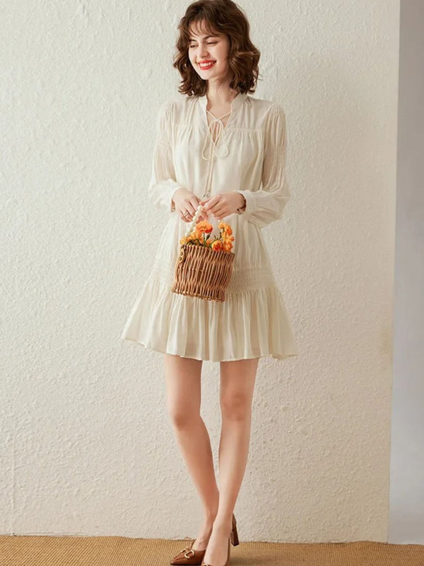 Dress Women V-Neck Smocked Waist A-Line Mini