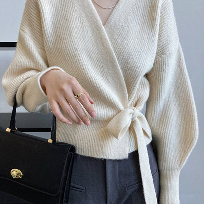 Top Women Wrap Sweater V-Neck Waist Tie