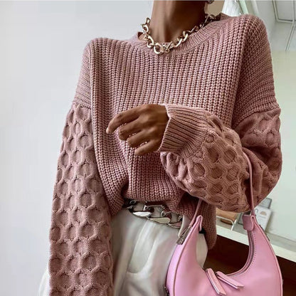 Sweater Women Textured Knit Crew Neck Balloon Sleeve