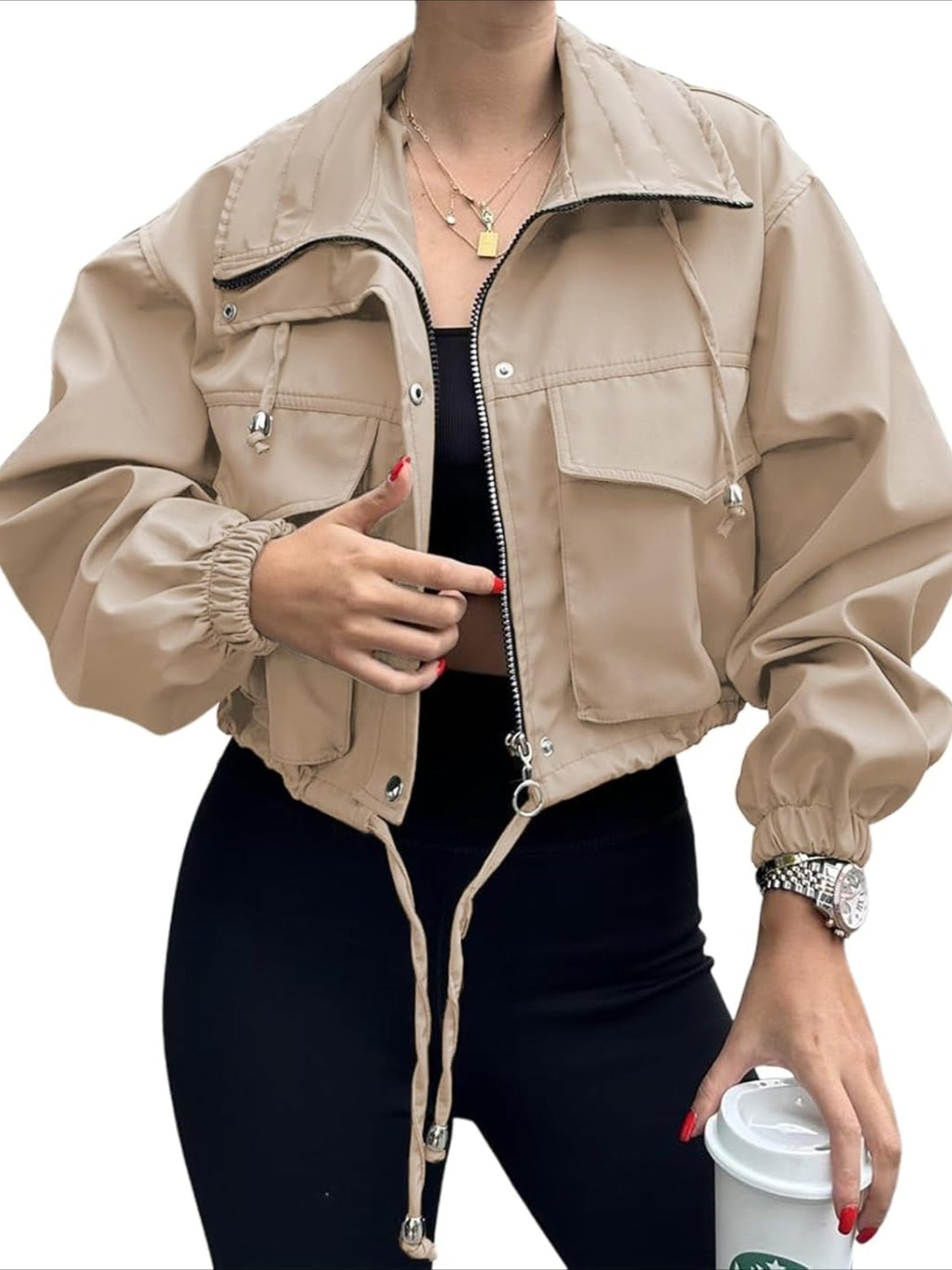 Jacket Women Cropped Utility Bomber Jacket with Pockets