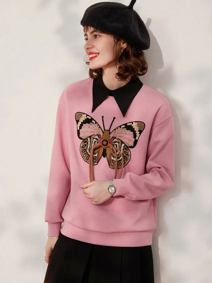 Sweater Women Embroidered Butterfly Crew Neck Relaxed Fit