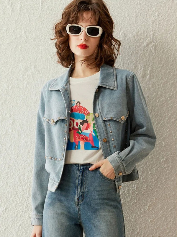 Jacket Women Retro Studs Rivet Detail Turn-Down Collar