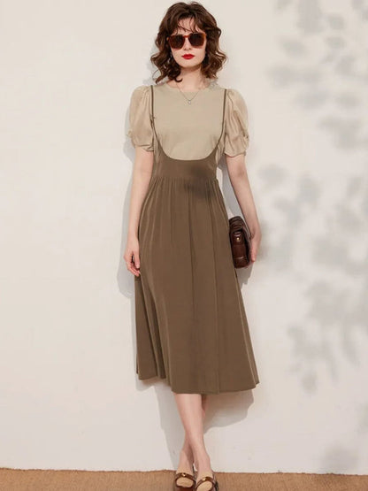 Dress Women Sleeved Blouse Layered Combo A-Line Suspender