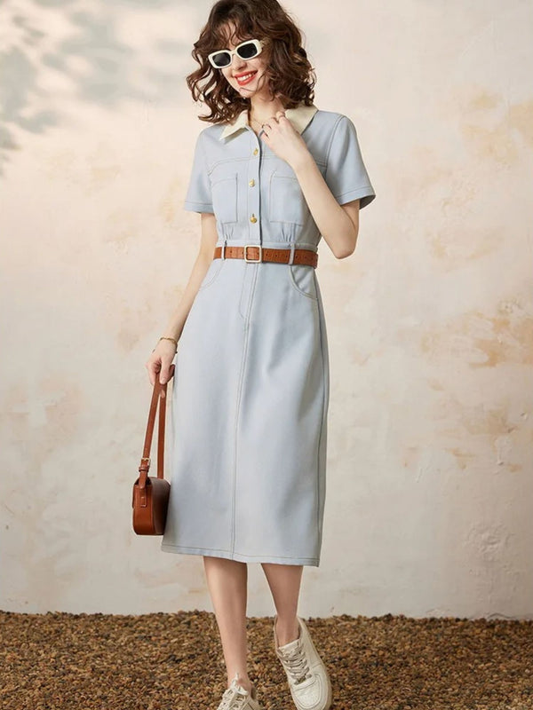 Dress Women A-Line Turn-Down Collar Front Button Short Sleeve