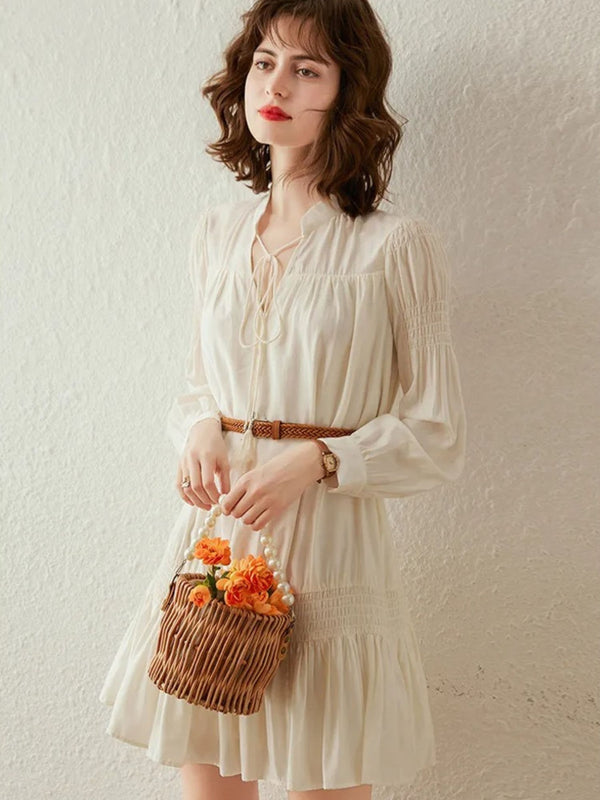 Dress Women V-Neck Smocked Waist A-Line Mini