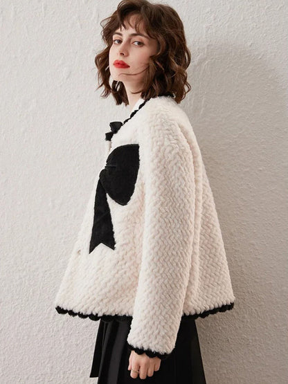 Coat Women Bow-Accent Faux-Fur Full-Length