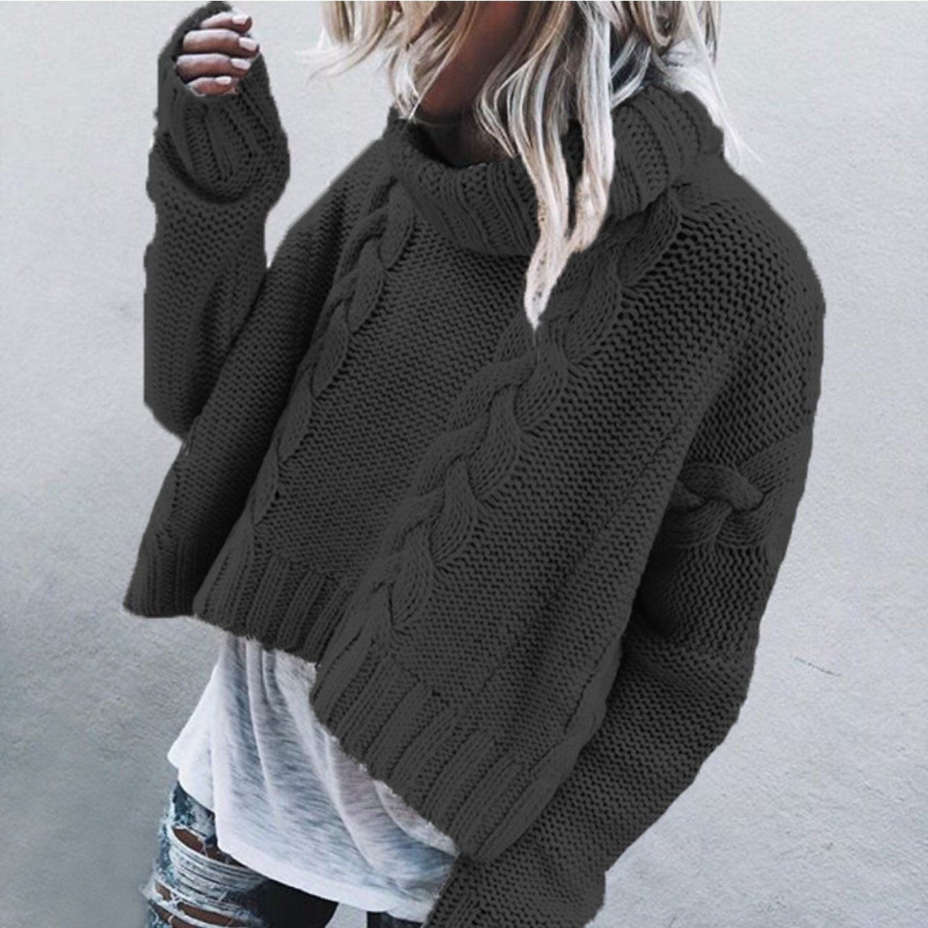 Sweater Women Cable Knit Cropped Turtleneck Style