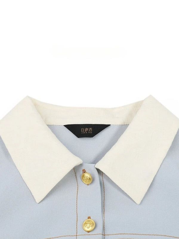Dress Women A-Line Turn-Down Collar Front Button Short Sleeve