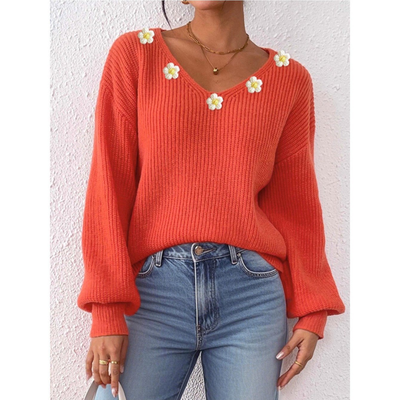 Sweater Women Oversized V-Neck Flower Detail