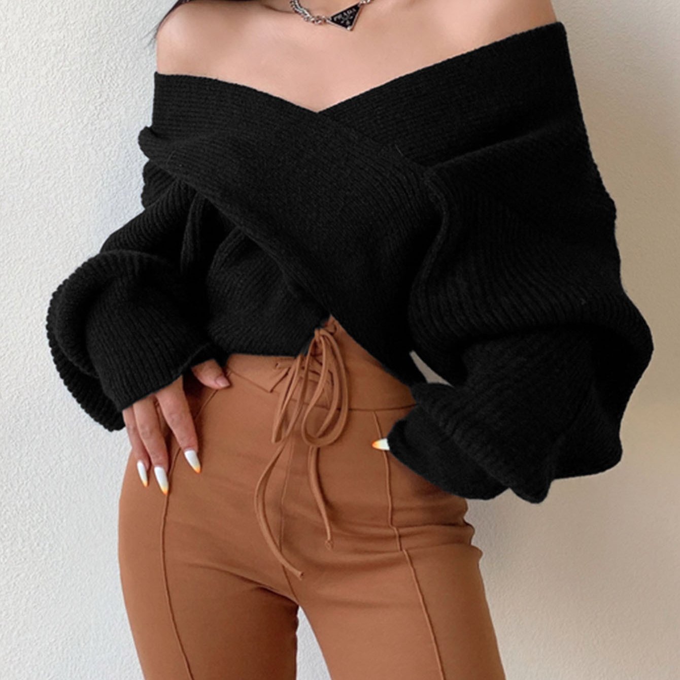 Sweater Women Oversized Off-Shoulder Wrap Design