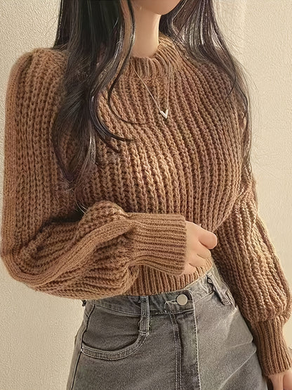 Sweater Women Ribbed Knit Cropped Crew Neck