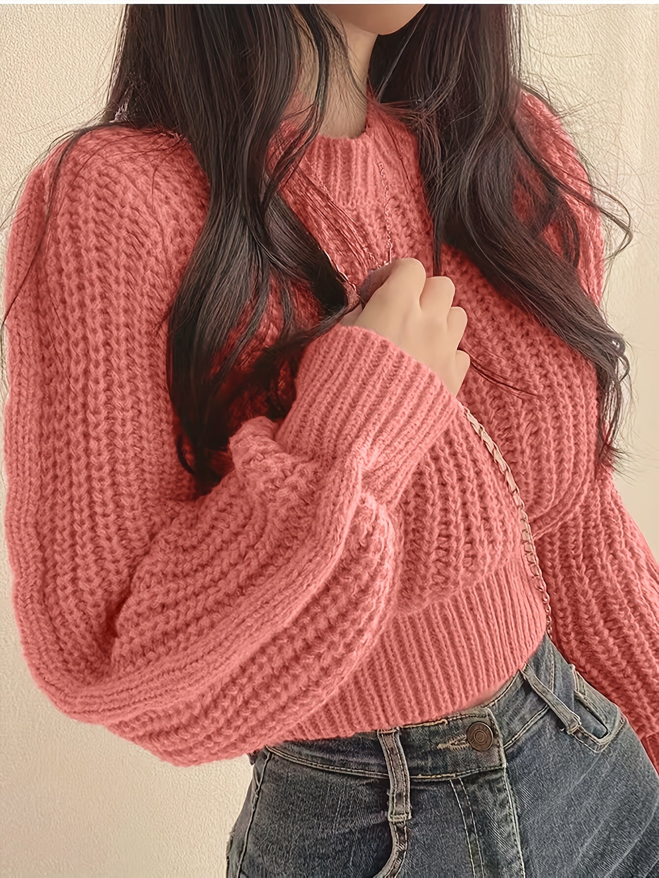 Sweater Women Ribbed Knit Cropped Crew Neck