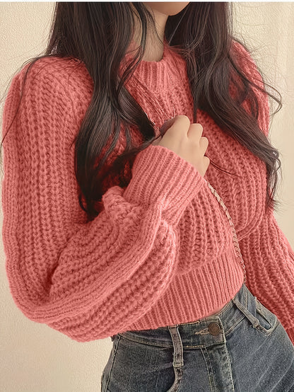 Sweater Women Ribbed Knit Cropped Crew Neck