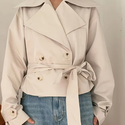 Trench Coat Women Cropped Double-Breasted Outerwear