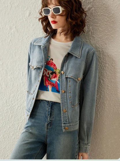Jacket Women Retro Studs Rivet Detail Turn-Down Collar