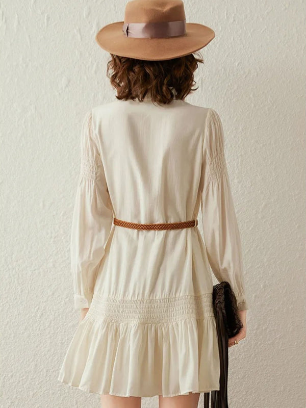 Dress Women V-Neck Smocked Waist A-Line Mini