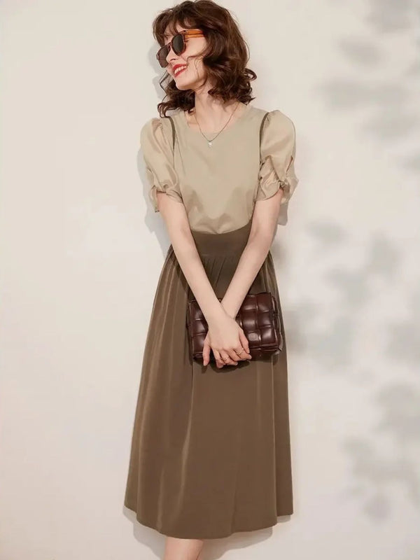 Dress Women Sleeved Blouse Layered Combo A-Line Suspender