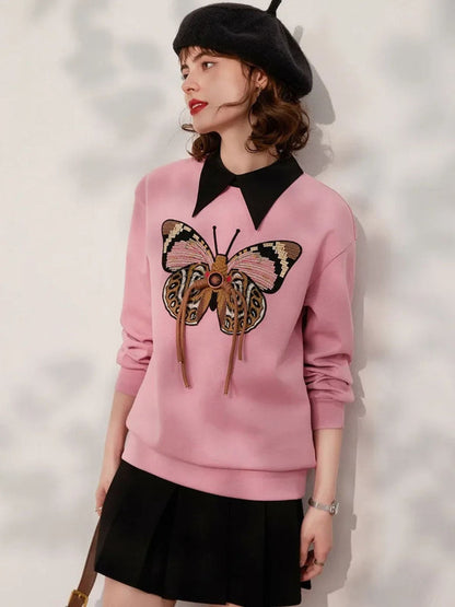Sweater Women Embroidered Butterfly Crew Neck Relaxed Fit