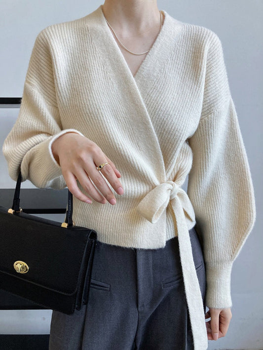 Top Women Wrap Sweater V-Neck Waist Tie