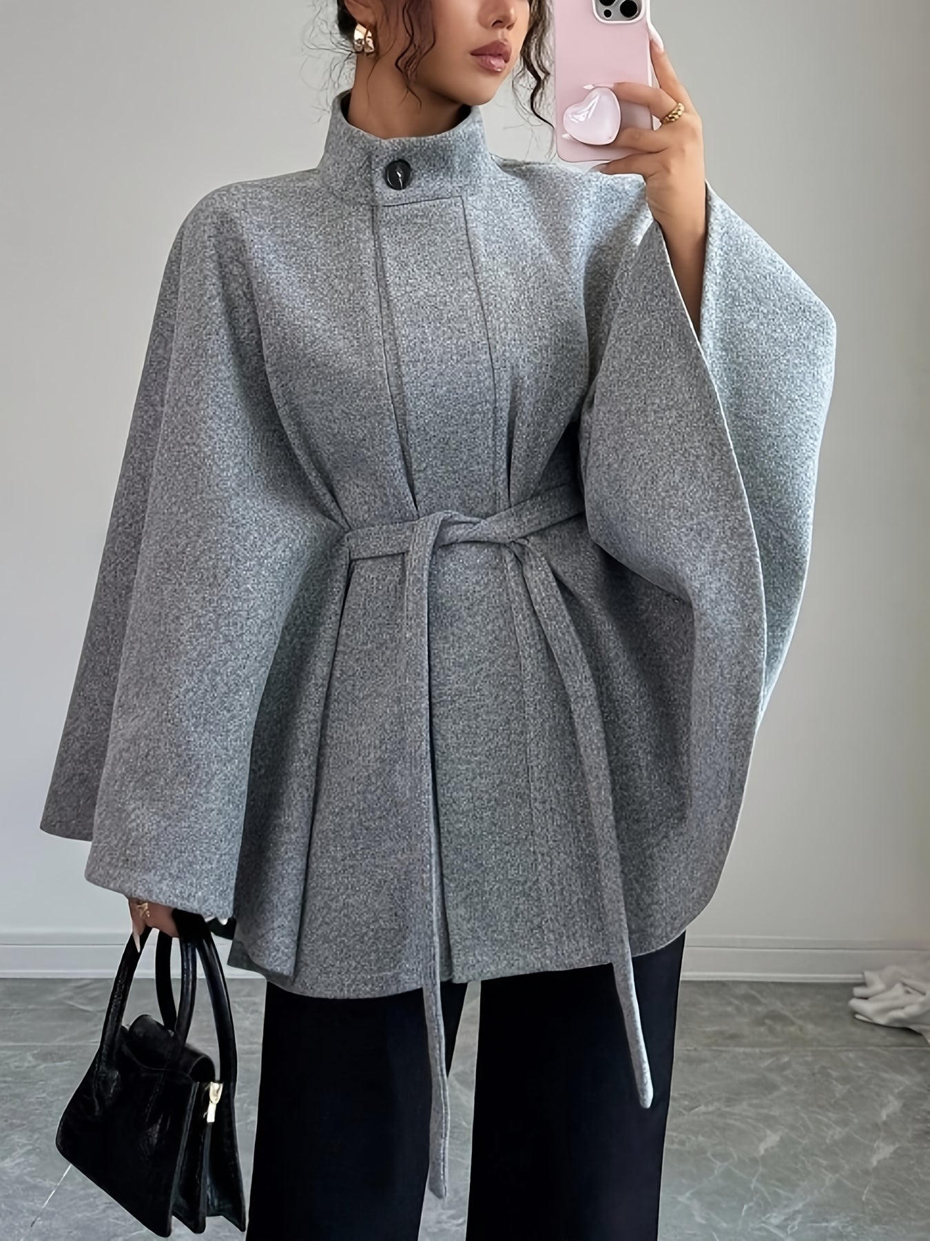 Women’s cape coat with waist tie and stand-up collar