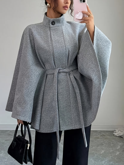 Women’s cape coat with waist tie and stand-up collar