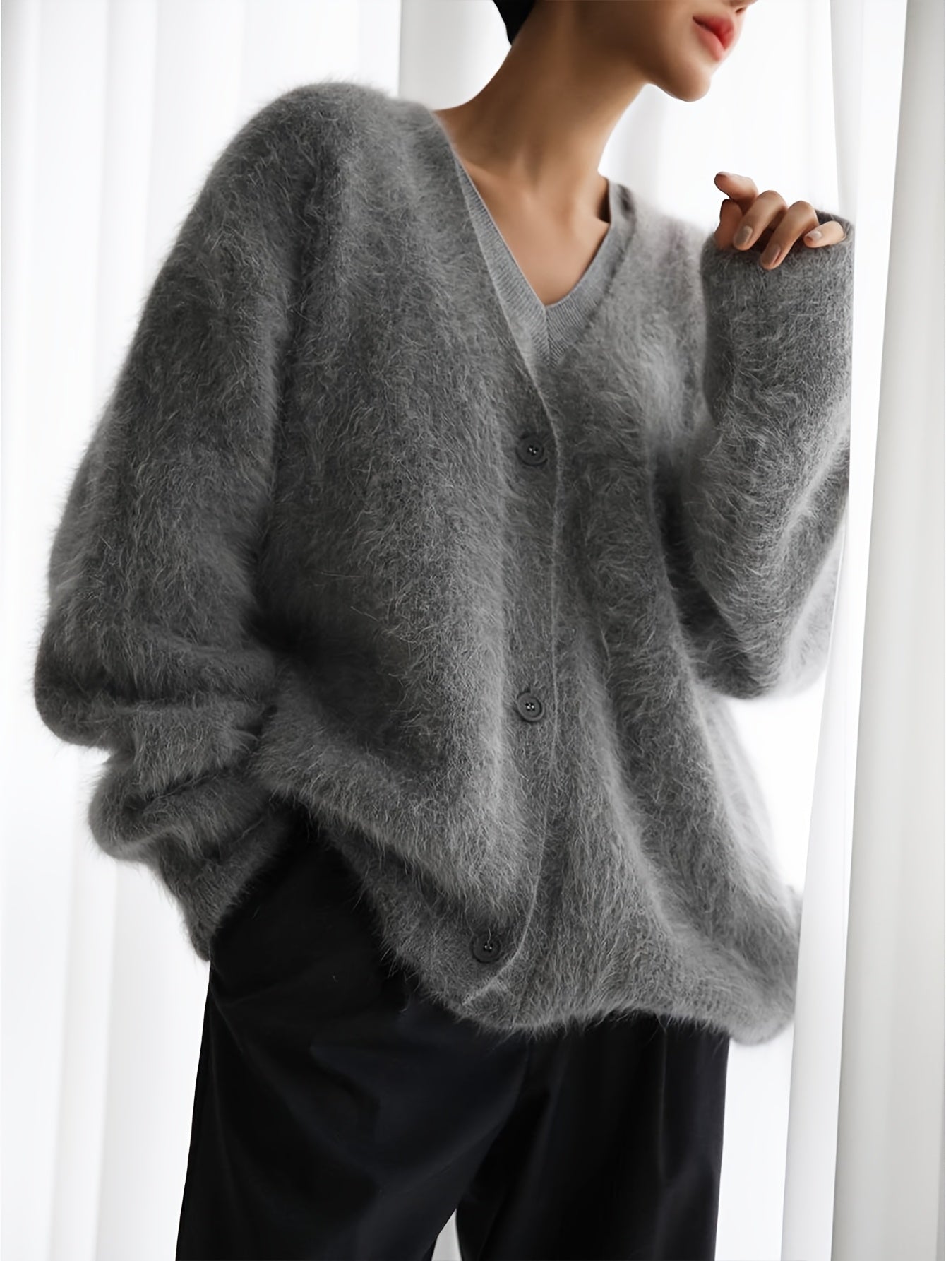 Sweater Women Oversized Off-Shoulder Fuzzy Button Design