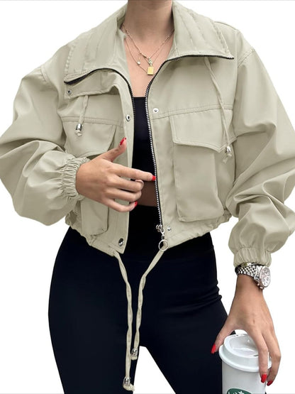 Jacket Women Cropped Utility Bomber Jacket with Pockets