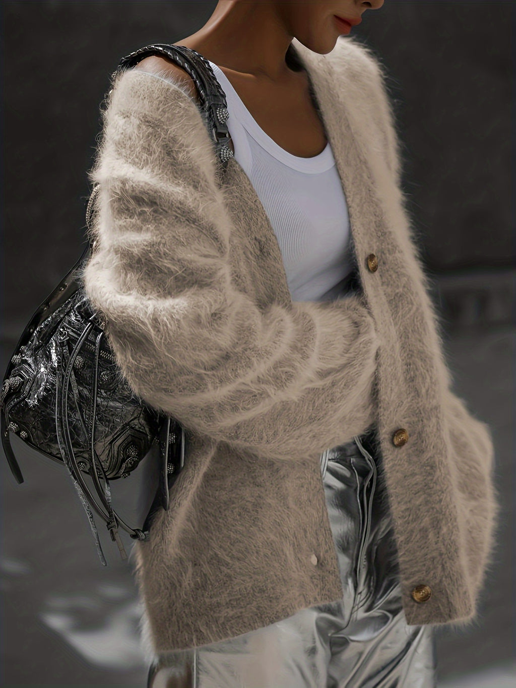 Sweater Women Oversized Off-Shoulder Fuzzy Button Design