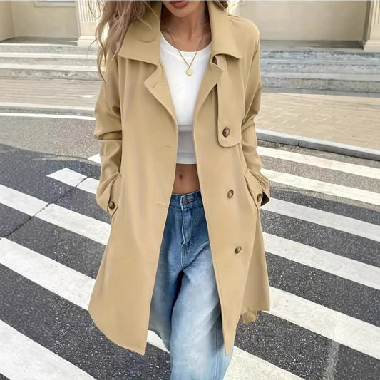 Trench Coat Women Long Button-Front Outerwear