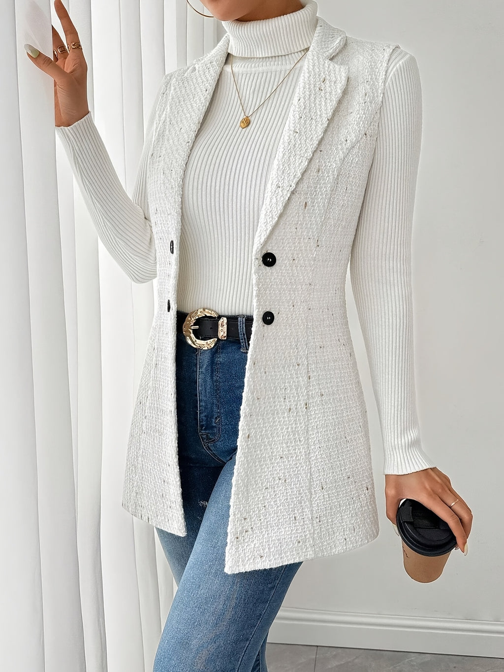 Blazer Women’s Tailored Button-Front Mid-Thigh Blazer