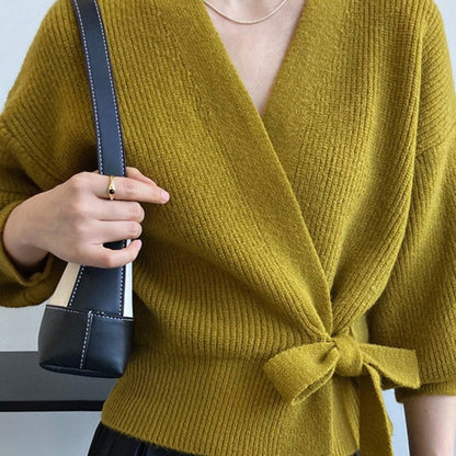 Top Women Wrap Sweater V-Neck Waist Tie