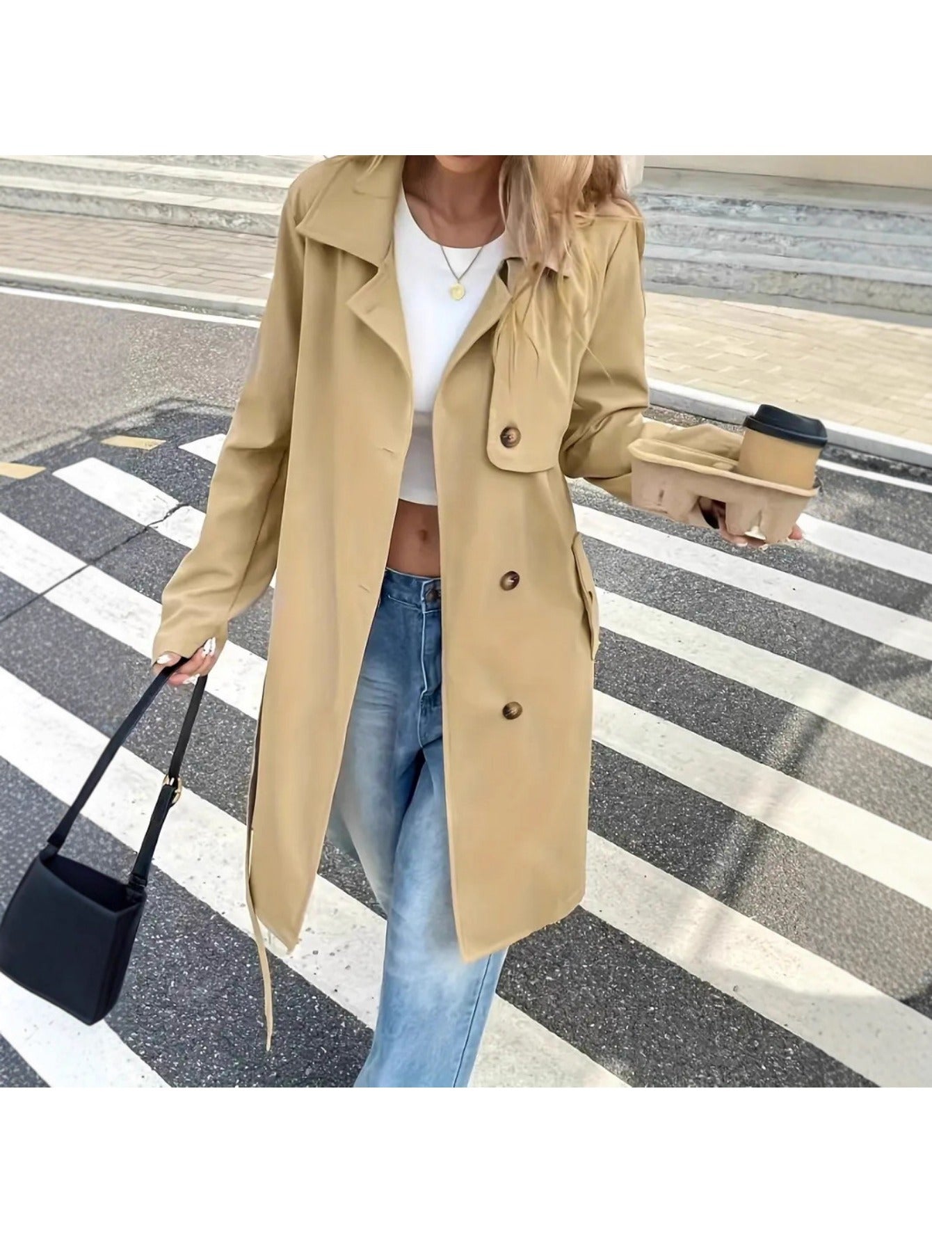 Trench Coat Women Long Button-Front Outerwear