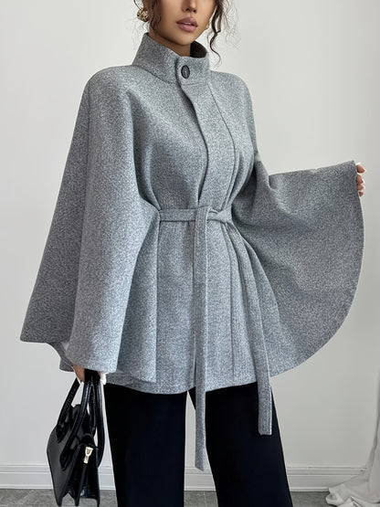 Women’s cape coat with waist tie and stand-up collar