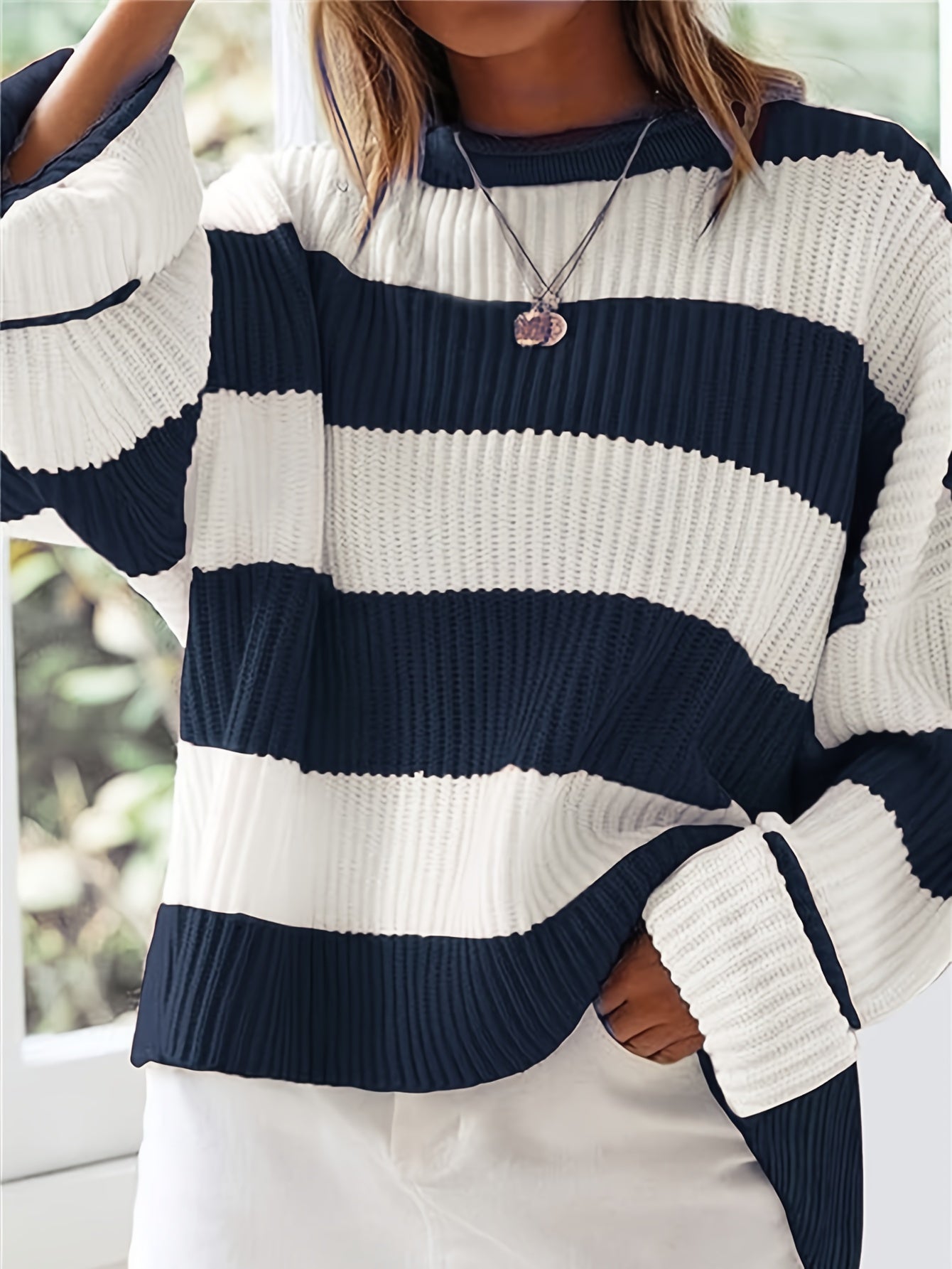 Sweater Women Striped Crew Neck Oversized Fit