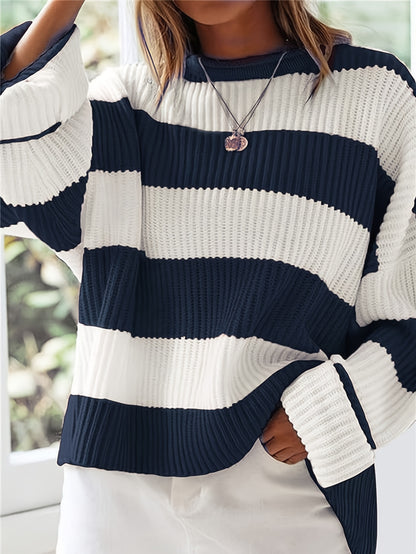 Sweater Women Striped Crew Neck Oversized Fit