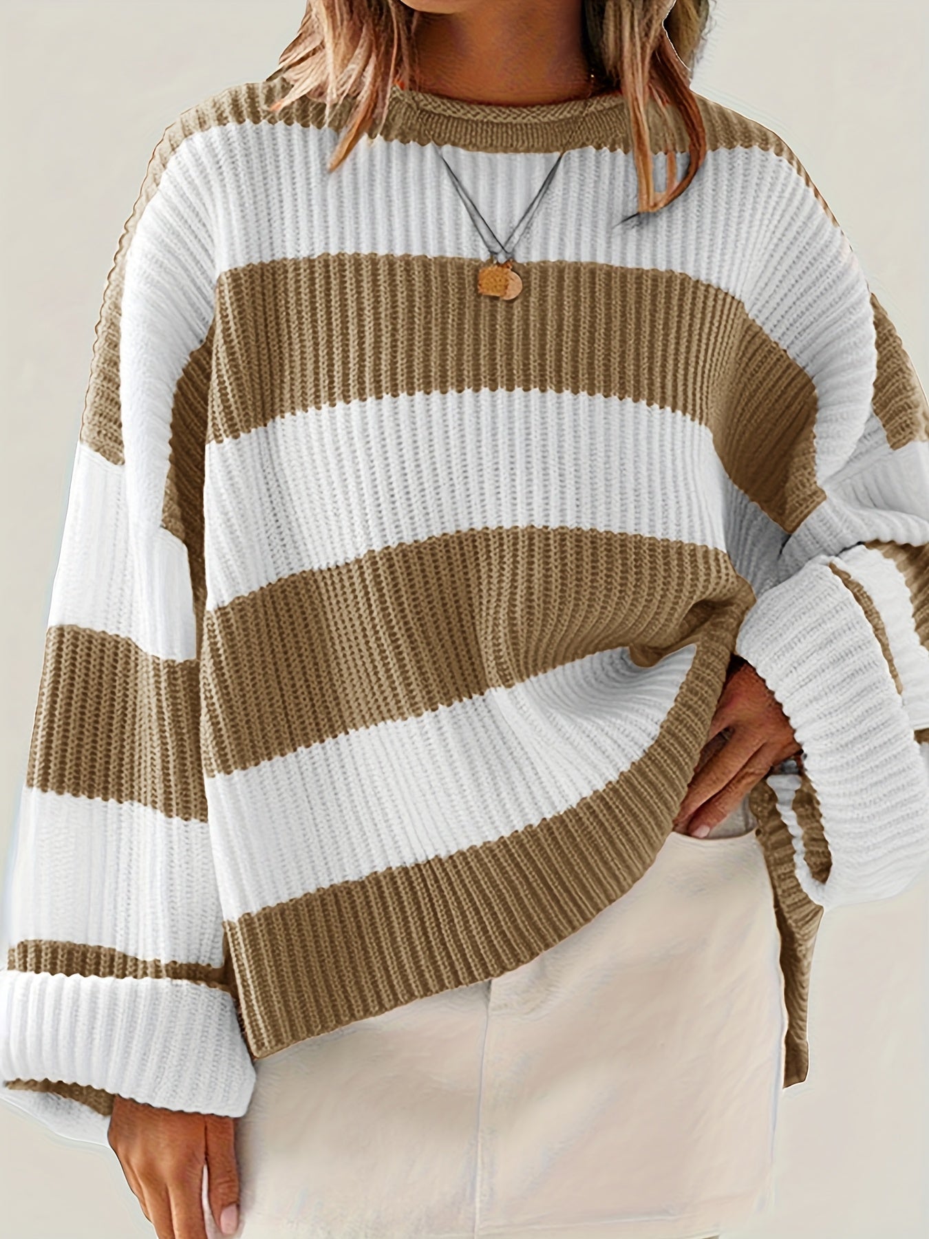 Sweater Women Striped Crew Neck Oversized Fit