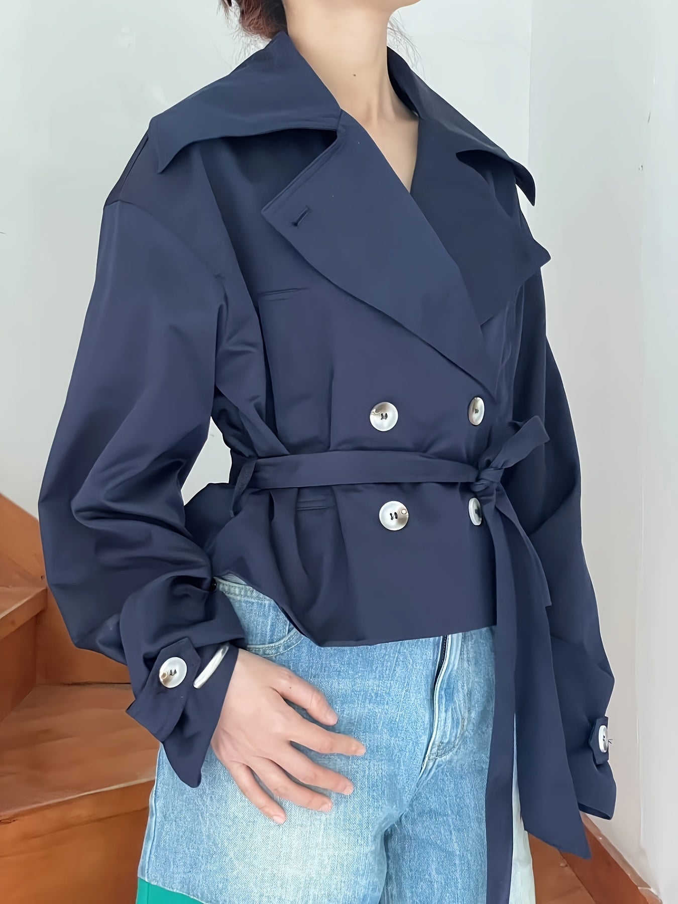 Trench Coat Women Cropped Double-Breasted Outerwear