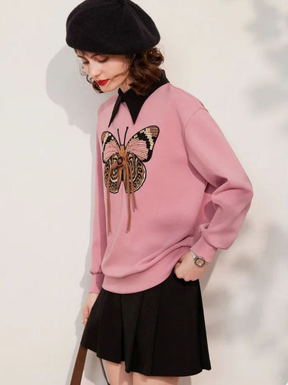 Sweater Women Embroidered Butterfly Crew Neck Relaxed Fit