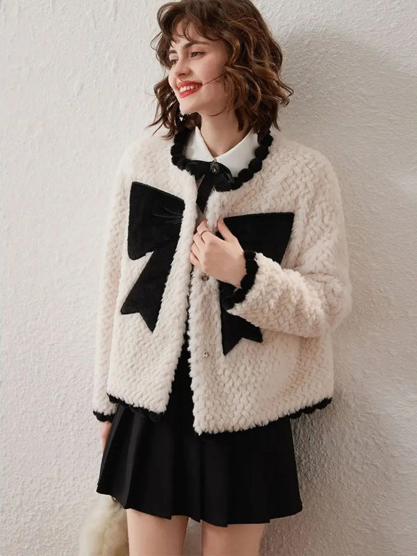 Coat Women Bow-Accent Faux-Fur Full-Length