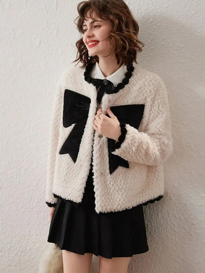 Coat Women Bow-Accent Faux-Fur Full-Length