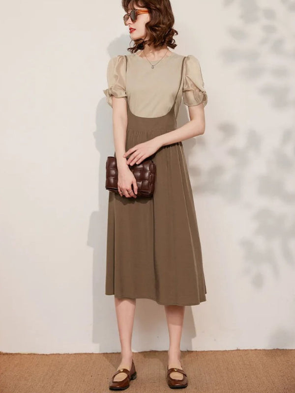 Dress Women Sleeved Blouse Layered Combo A-Line Suspender