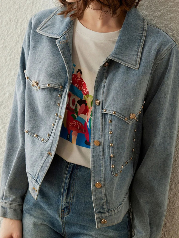 Jacket Women Retro Studs Rivet Detail Turn-Down Collar