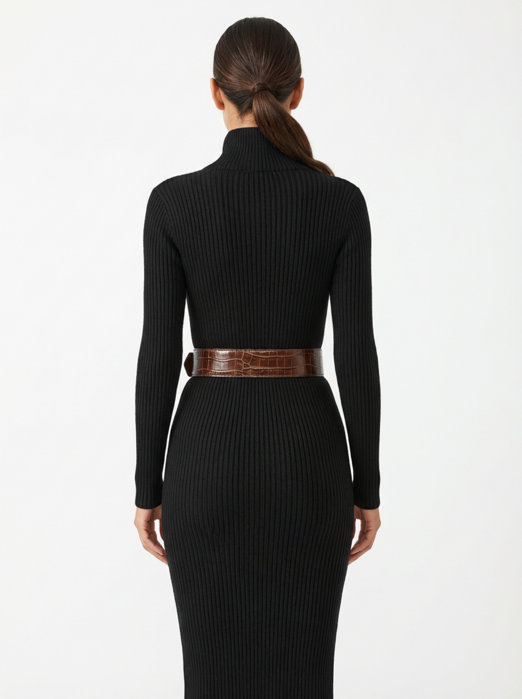 Midi Dress Women Slim Fit V-Neck Half Turtleneck Long Sleeve Belted