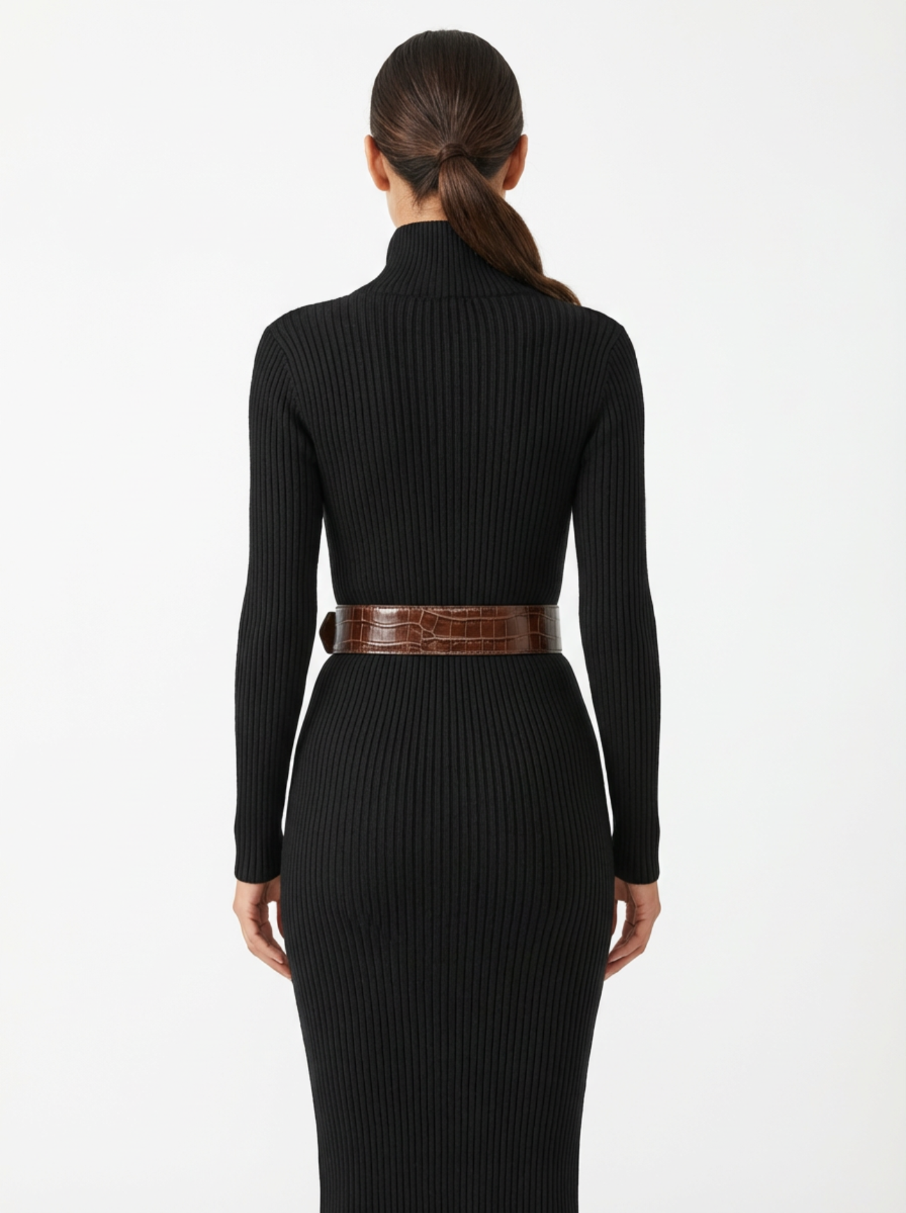 Midi Dress Women Slim Fit V-Neck Half Turtleneck Long Sleeve Belted