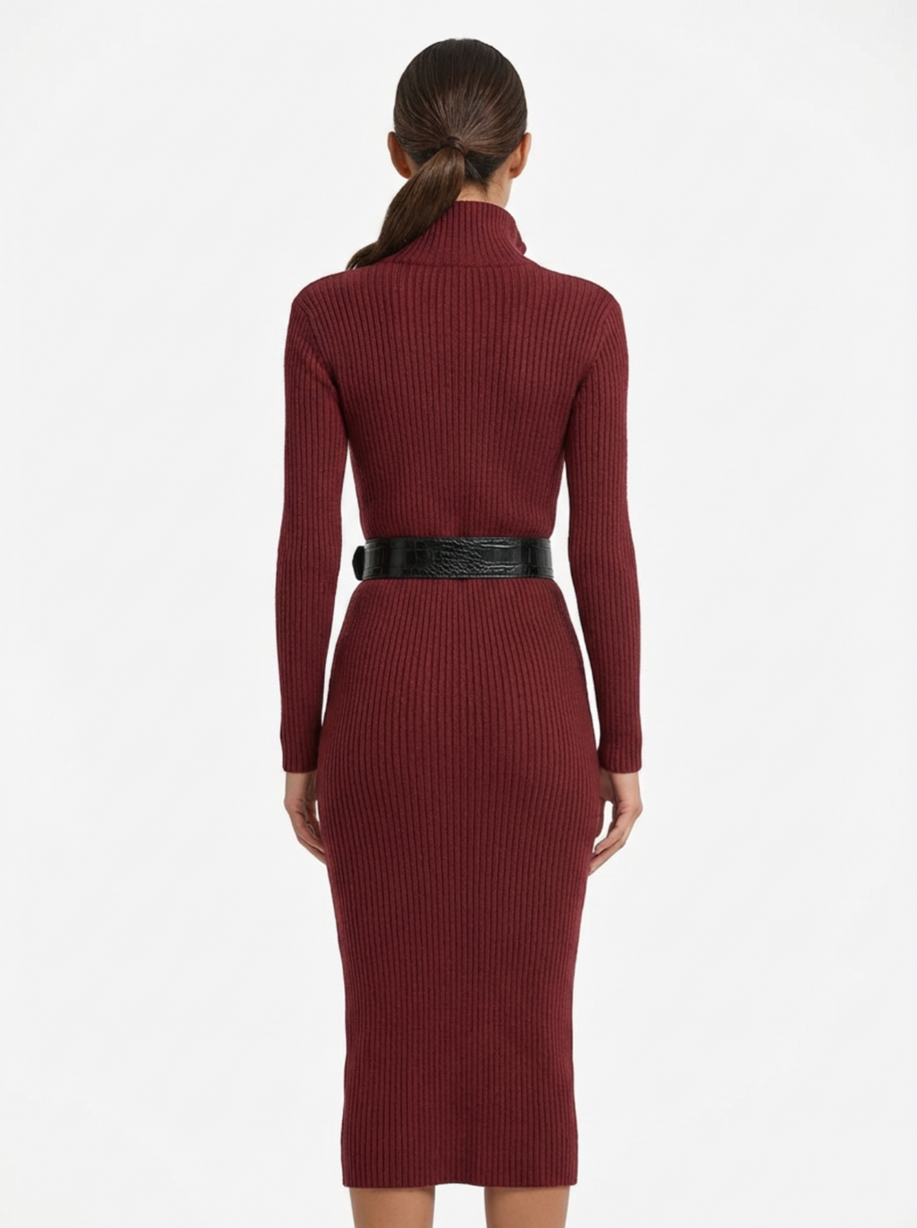 Midi Dress Women Slim Fit V-Neck Half Turtleneck Long Sleeve Belted