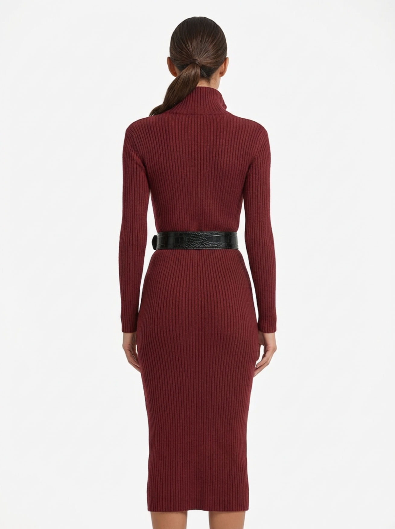 Midi Dress Women Slim Fit V-Neck Half Turtleneck Long Sleeve Belted