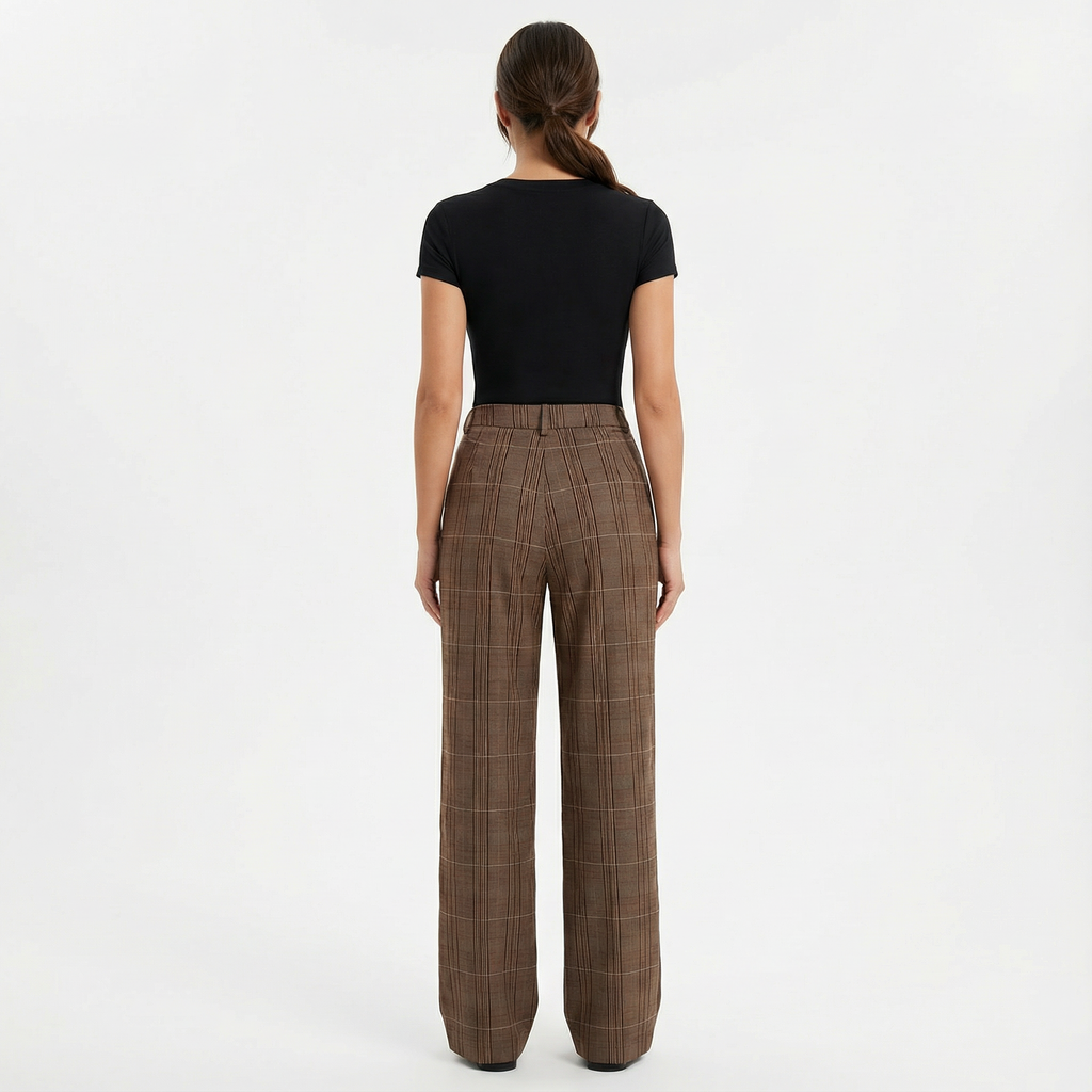 Pants Women Straight-Leg High-Rise Plaid Pattern