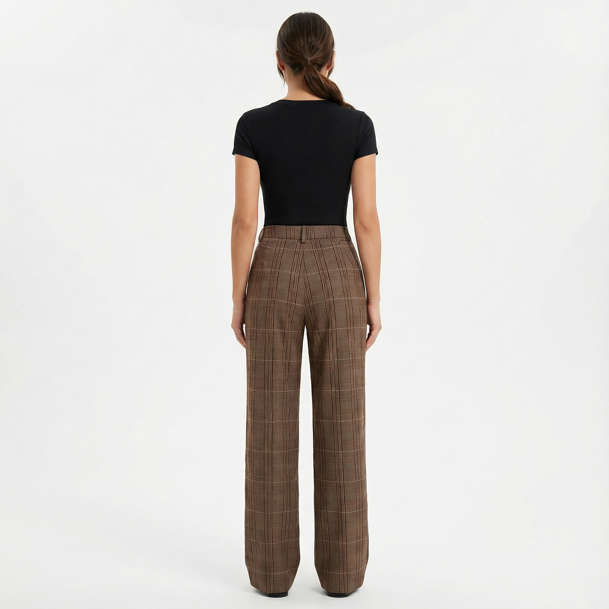 Pants Women Straight-Leg High-Rise Plaid Pattern