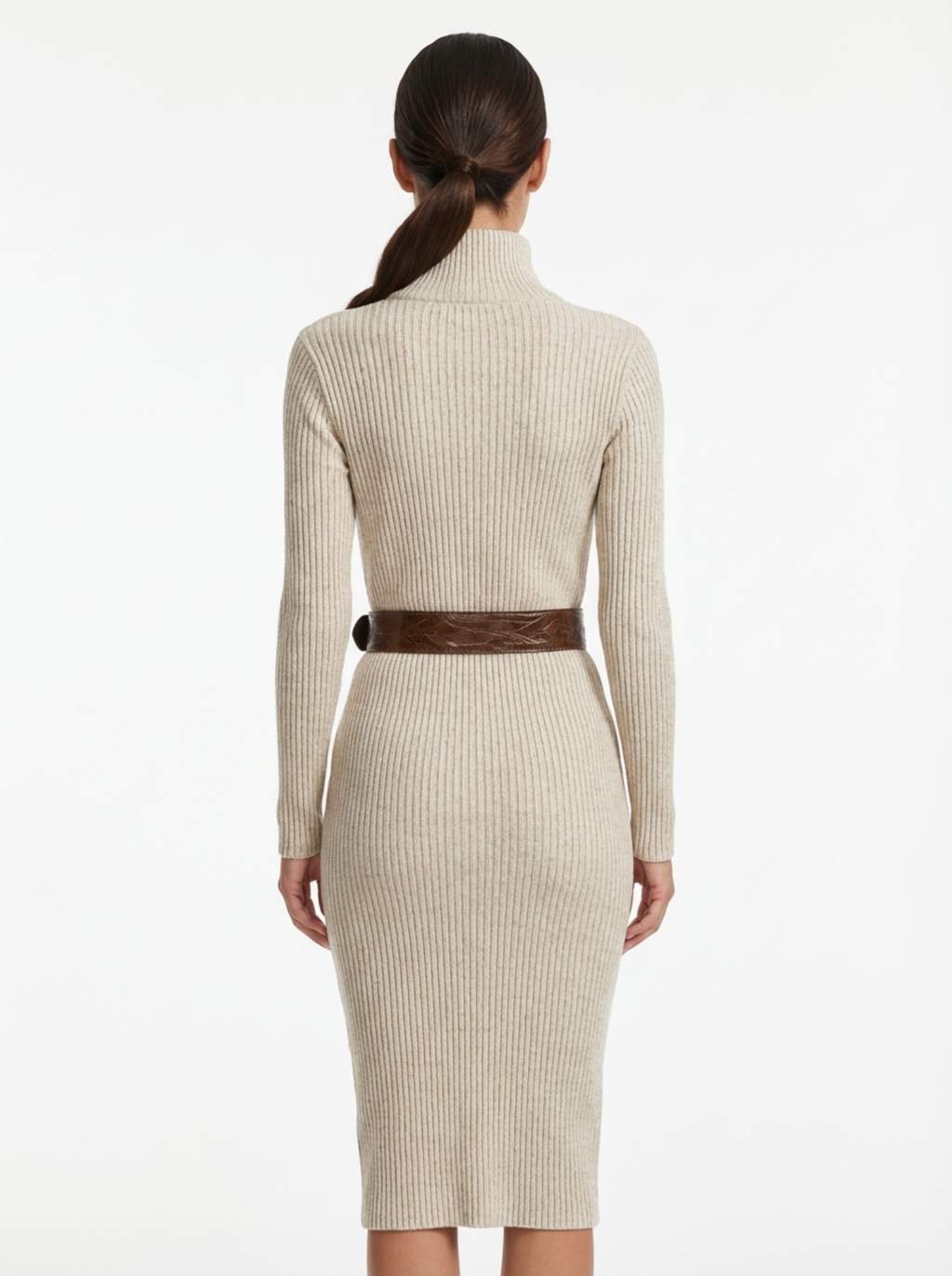 Midi Dress Women Slim Fit V-Neck Half Turtleneck Long Sleeve Belted