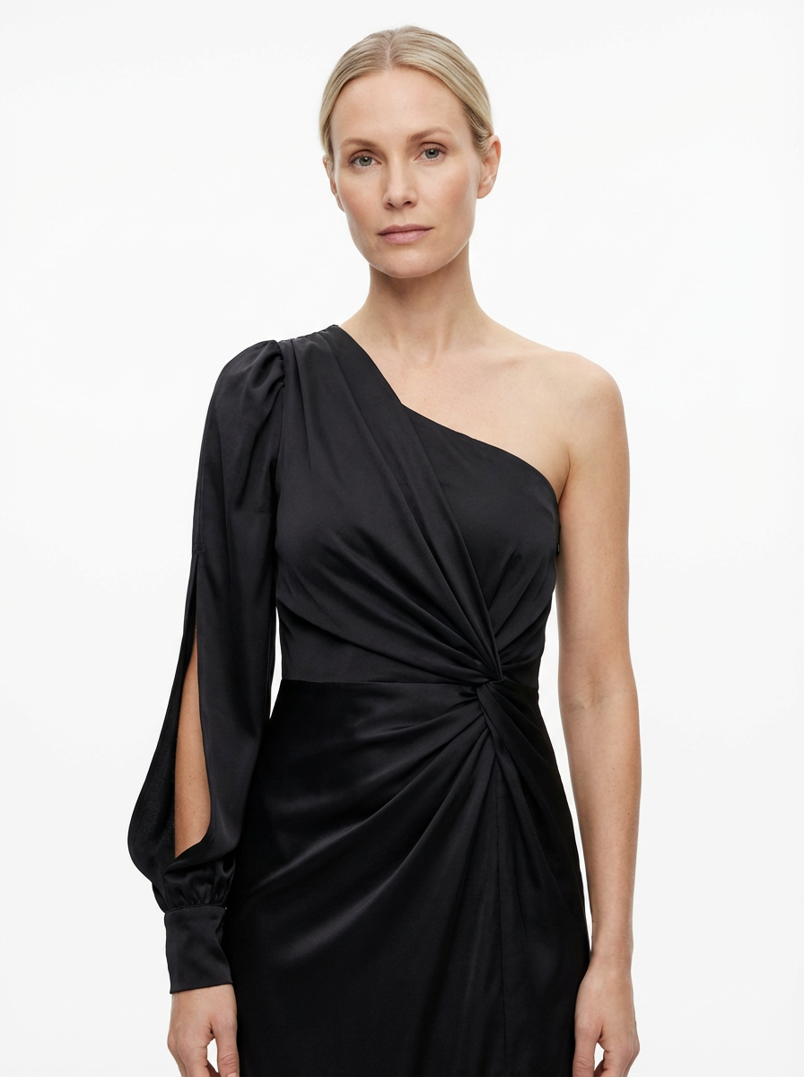 One-Shoulder Dress Women Draped Accent Front Split Classy Nights